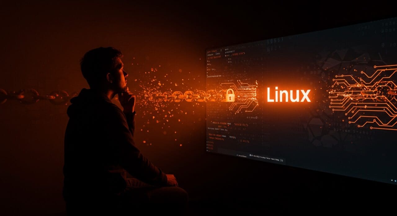 Fundador tecnológico considerando la migración a Linux por privacidad y seguridad frente a Windows 11 en el contexto empresarial y digital.