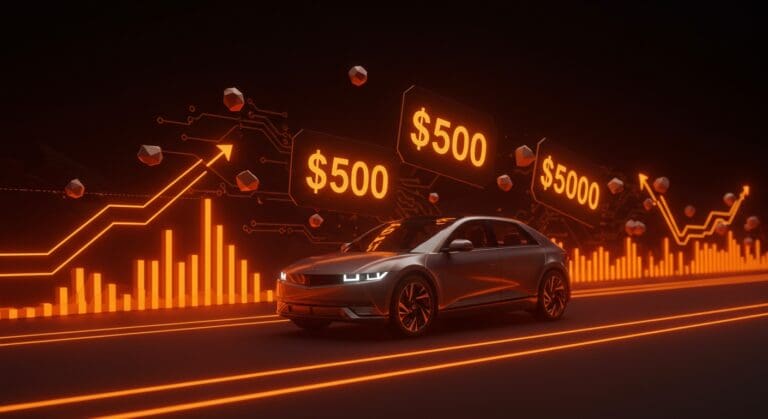 Vehículo eléctrico moderno con precio promedio superior a $50,000 en un entorno futurista, destacando tendencias e innovación en el mercado automotriz estadounidense.