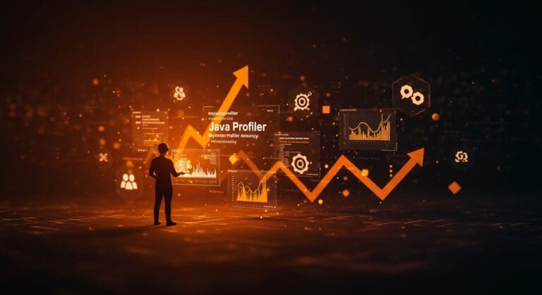 Precisión de perfiladores Java analizada con herramientas como Async-profiler en sistemas con compilación JIT, visualización tecnológica editorial.