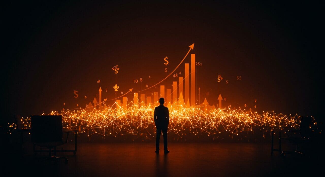 Líder empresarial en silueta frente a ciudad digital con redes neuronales representando IA aplicada y comunicación empresarial en startups tecnológicas.