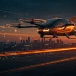 Coche volador eléctrico de Alef Aeronautics en vuelo urbano, representando la innovación en movilidad eléctrica y tecnología eVTOL.