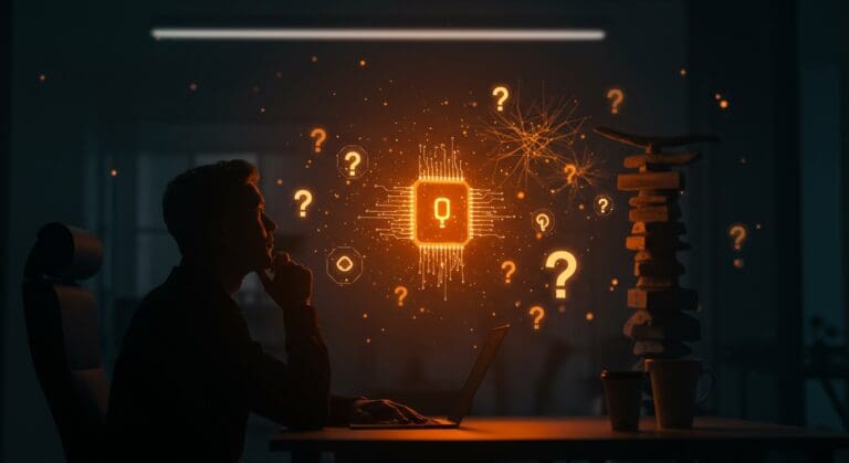 Fundador de startup frente a redes neuronales de inteligencia artificial simbolizando riesgos del cargo cult en la adopción de IA.