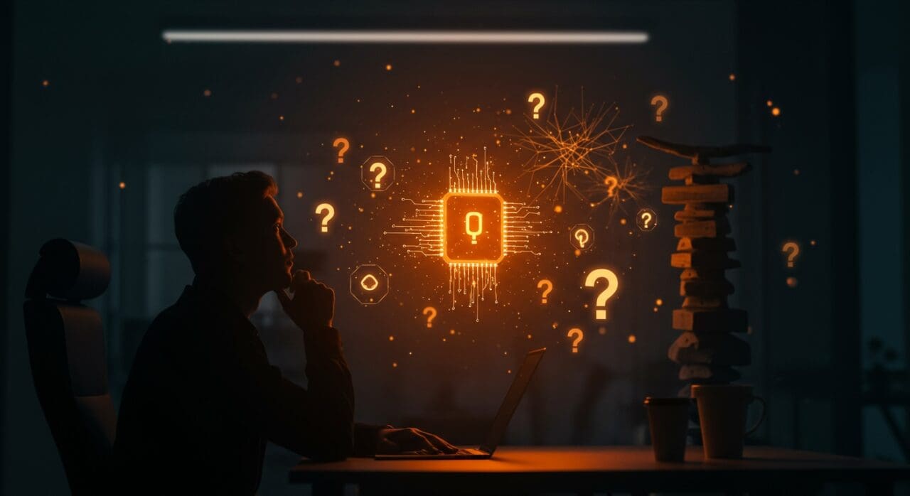 Fundador de startup frente a redes neuronales de inteligencia artificial simbolizando riesgos del cargo cult en la adopción de IA.