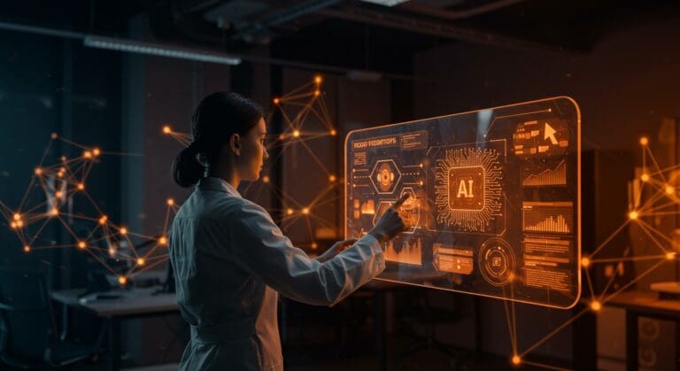 Especialista en PromptOps gestionando onboarding de IA generativa en empresas con interfaz digital avanzada.