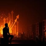 Silhouette of a tech founder contemplating post-AI boom digital market with abstract neural networks and evolving technological infrastructure.