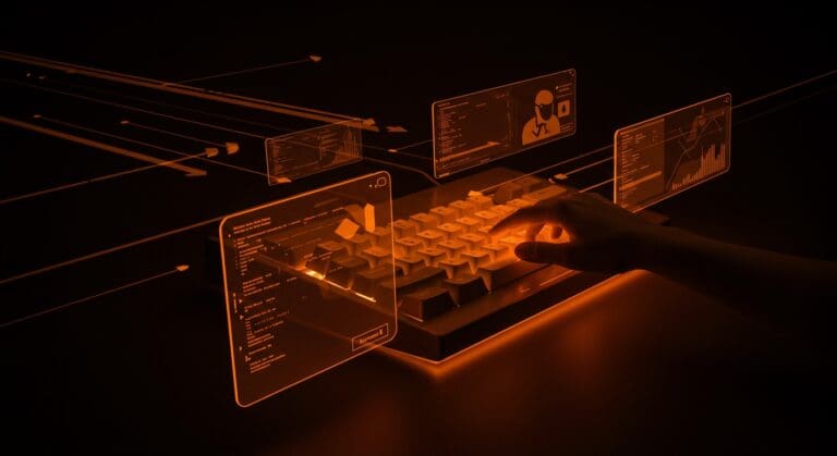 Interfaz de usuario minimalista inspirada en Canon Cat resaltando productividad y automatización para software eficiente.