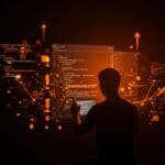 Desarrollador frente a editor de código con resaltado de sintaxis dinámico que ilustra cómo el resaltado tradicional afecta la productividad en programación.