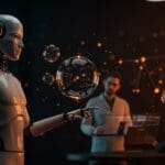 Robot humanoide en un espacio futurista con un experto en robótica observando, ilustrando la burbuja y la falta de preparación del mercado en startups de robótica.