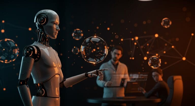 Robot humanoide en un espacio futurista con un experto en robótica observando, ilustrando la burbuja y la falta de preparación del mercado en startups de robótica.