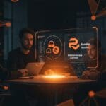 Equipo tech colaborando con interfaz digital iluminada de RubyGems y Bundler, representando el control y la seguridad en el ecosistema startup.