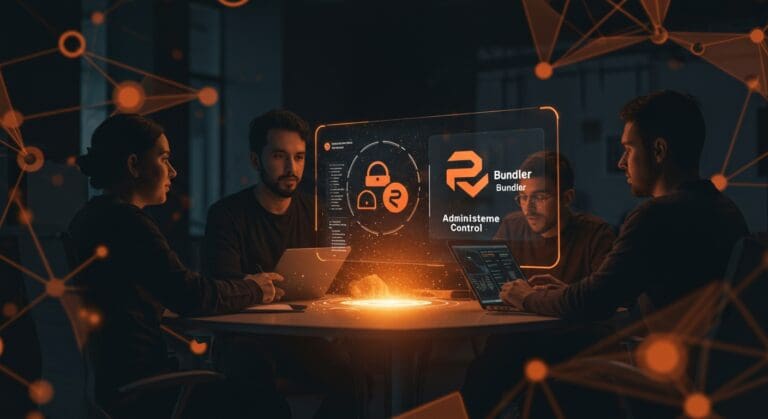 Equipo tech colaborando con interfaz digital iluminada de RubyGems y Bundler, representando el control y la seguridad en el ecosistema startup.