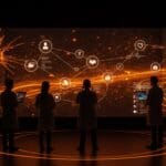 Tres expertos en tecnología y medicina con interfaz digital de IA para citas médicas inspirada en control aéreo, innovación en salud digital y automatización.