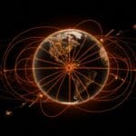 Debilitamiento del campo magnético terrestre ilustrado con satélites Swarm y la expansión de la Anomalía del Atlántico Sur en un contexto tecnológico espacial.