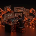 Fundador de startup gestionando infraestructura self-hosting con Docker y Ansible en un entorno tecnológico avanzado en paleta naranja y negro.