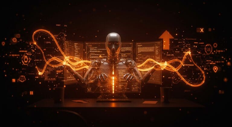 Automatización web con IA de Skyvern mostrando código generado automáticamente y scrapers inteligentes en un entorno futurista.