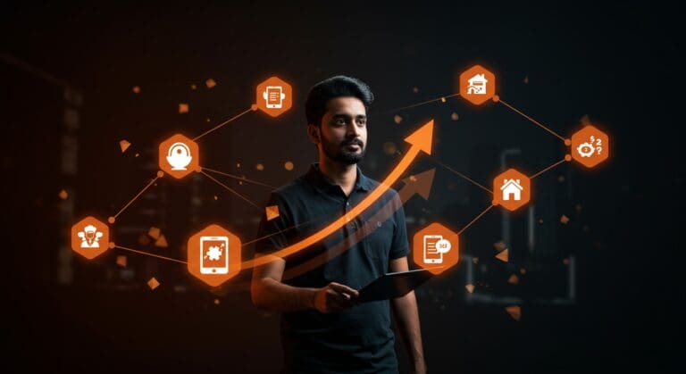 Fundador de startup india confiado rodeado de iconos digitales de servicios domésticos, simbolizando el crecimiento y la financiación en el sector de house-help.