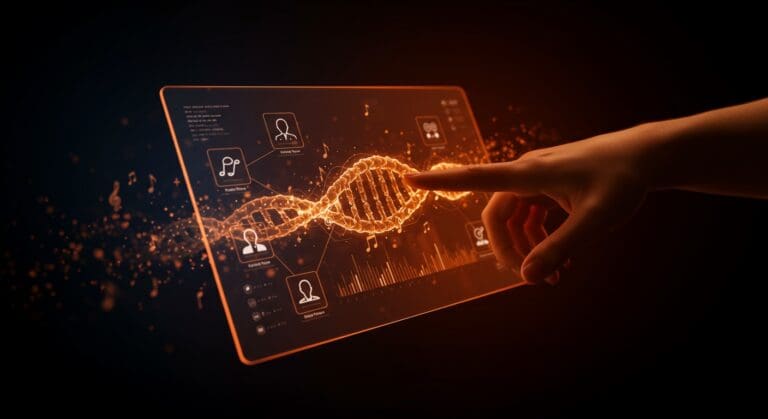 Interfaz futurista de Spotify SongDNA mostrando créditos musicales y análisis de datos en tecnología musical innovadora.