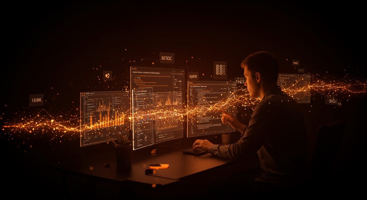Desarrollador trabajando con SQL online y base de datos SQLite, ilustrando el crecimiento SaaS y 11 mil usuarios diarios.