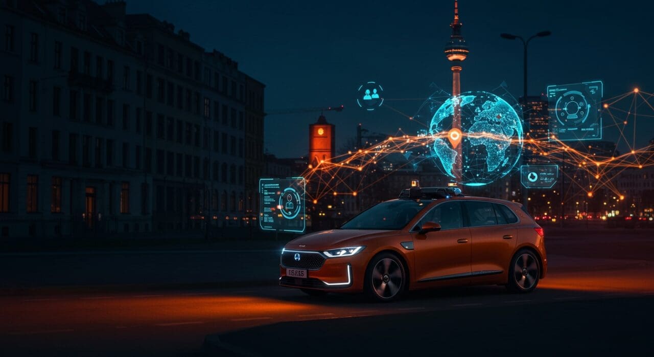 Coche autónomo en Berlín operado por teledriving, representando innovación en movilidad sostenible y alquiler de coches sin conductor.