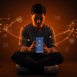 Estudiante chileno usando app Ulern que combina IA y mindfulness para manejar ansiedad pre-PAES en tecnología educativa.