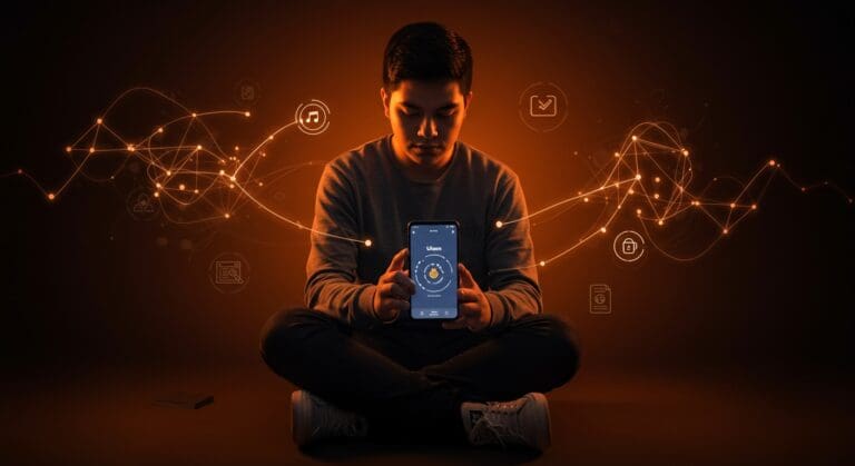 Estudiante chileno usando app Ulern que combina IA y mindfulness para manejar ansiedad pre-PAES en tecnología educativa.