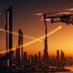 Drone innovador de la startup ecuatoriana Aerialoop volando sobre el skyline moderno de Dubái, simbolizando éxito global en logística aérea con drones.