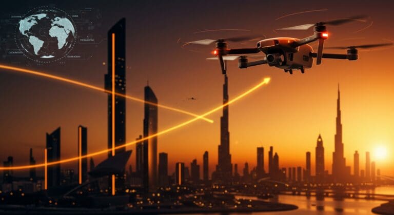 Drone innovador de la startup ecuatoriana Aerialoop volando sobre el skyline moderno de Dubái, simbolizando éxito global en logística aérea con drones.