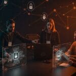 Emprendedores colaborando en Startup Olé Salamanca con metáforas visuales de inteligencia artificial y ciberseguridad en un entorno tecnológico innovador.