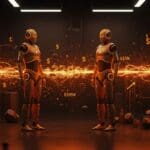 Robots humanoides futuristas de startups IA Rhoda AI y Genesis AI con iluminación naranja y negra simbolizando financiación millonaria en Silicon Valley.