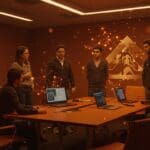 Startups madrileñas presentando innovaciones deportivas y tecnológicas al Atlético de Madrid en un entorno colaborativo de emprendimiento y sostenibilidad.