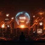 Las startups tecnológicas más valiosas en 2025 lideradas por OpenAI con valoración de 500 mil millones, destacadas en un ecosistema futurista en tonos naranja y negro.