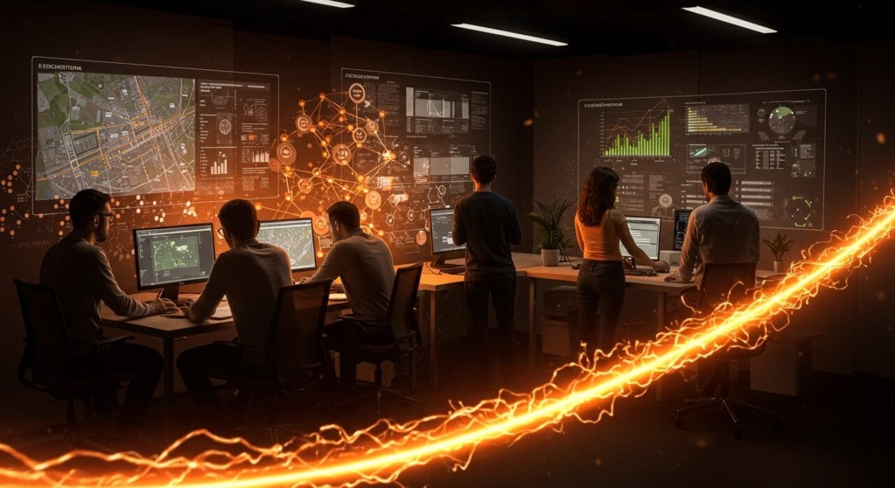 Emprendedores colaborando en incubadora tecnológica impulsando startups en smart cities y energías verdes.