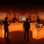 Startup mostrando su mesa de exhibición en TechCrunch Disrupt 2025, destacando la visibilidad y networking en el evento tech en San Francisco.