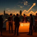 Mesa de exhibición para startups en TechCrunch Disrupt 2025 con emprendedores conectando y networking en San Francisco.