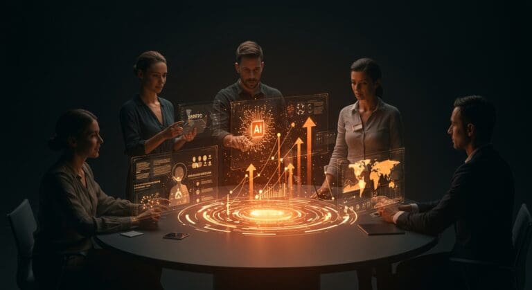 Profesionales de RRHH y startups colaborando con interfaces holográficas de IA y gestión de talento, mostrando tendencias en recursos humanos 2025.