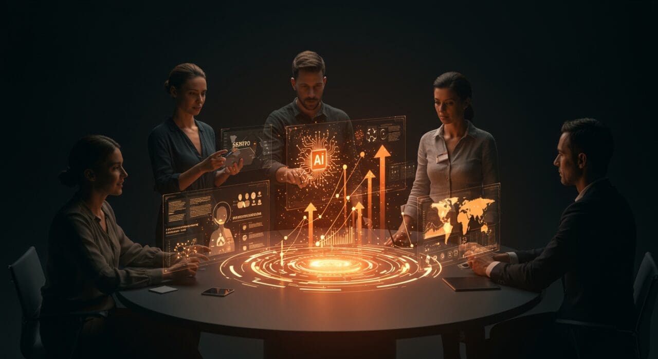 Profesionales de RRHH y startups colaborando con interfaces holográficas de IA y gestión de talento, mostrando tendencias en recursos humanos 2025.
