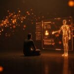 Persona tomando decisiones personales con influencia de inteligencia artificial en contexto de ética tecnológica y relaciones humanas.