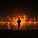 Transición energética global representada por un emprendedor observando un horizonte digital con energías renovables y símbolos de sostenibilidad en naranja y negro.