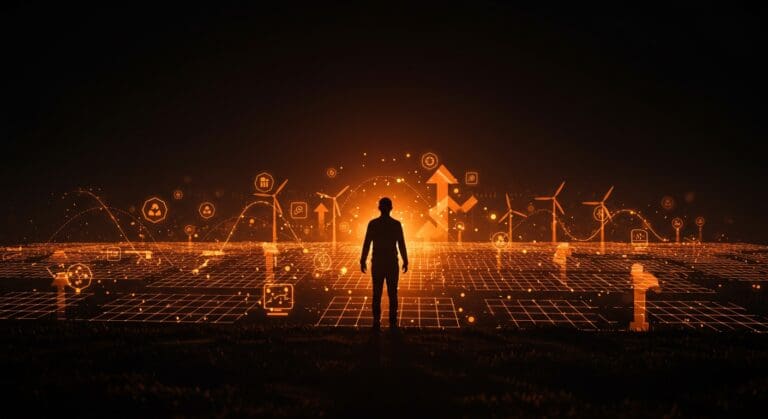 Transición energética global representada por un emprendedor observando un horizonte digital con energías renovables y símbolos de sostenibilidad en naranja y negro.