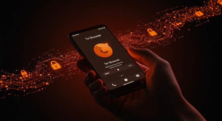 Interfaz futurista de Tor Browser 15.0 destacando mejoras en privacidad y seguridad en Android con diseño moderno en tonos naranja y negro.