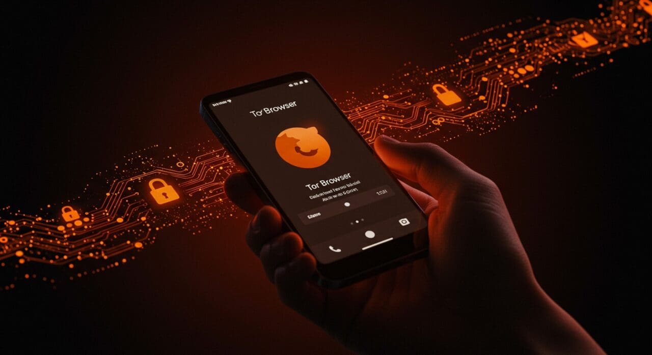 Interfaz futurista de Tor Browser 15.0 destacando mejoras en privacidad y seguridad en Android con diseño moderno en tonos naranja y negro.
