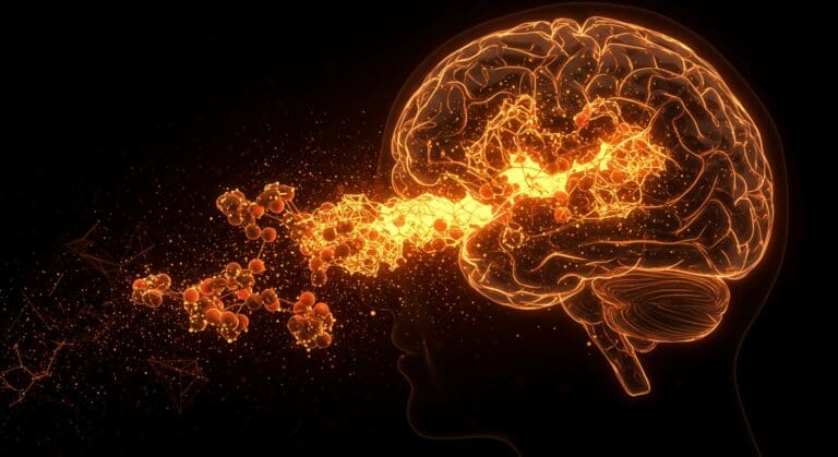 Visualización futurista de nanopartículas eliminando placas de Alzheimer, mostrando innovación en nanobiotecnología y oportunidades para startups en salud.