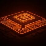 Detalle en primer plano de CPU con arquitectura x86-64-v3 optimizada en Ubuntu 25.10, destacando paquetes optimizados y gestión avanzada de arquitectura CPU.