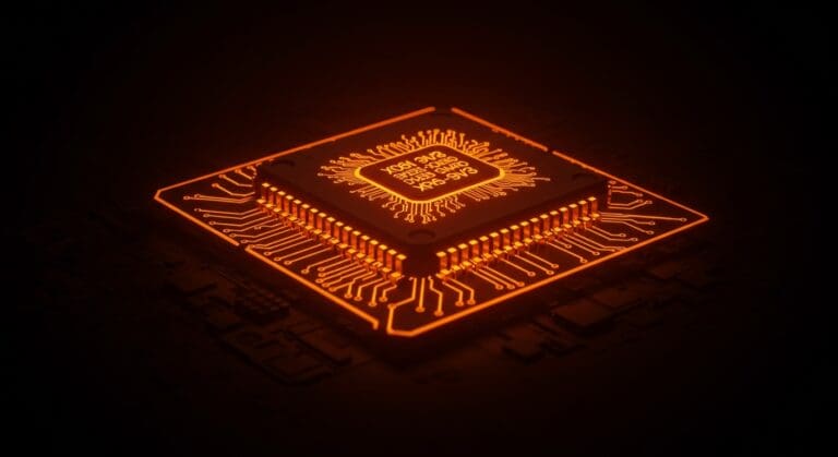 Detalle en primer plano de CPU con arquitectura x86-64-v3 optimizada en Ubuntu 25.10, destacando paquetes optimizados y gestión avanzada de arquitectura CPU.