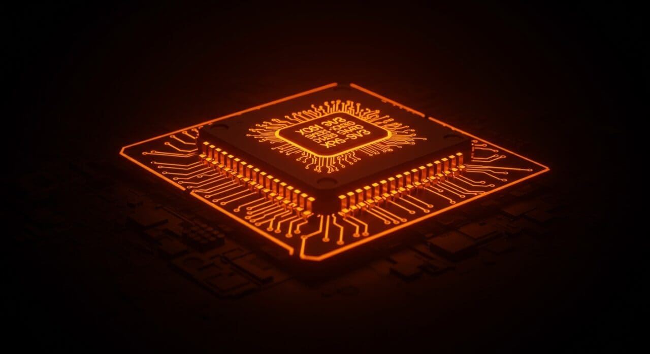 Detalle en primer plano de CPU con arquitectura x86-64-v3 optimizada en Ubuntu 25.10, destacando paquetes optimizados y gestión avanzada de arquitectura CPU.