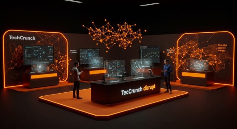 Mesa de exhibición en TechCrunch Disrupt 2025 con emprendedores y tecnología avanzada en evento de startups y networking tecnológico.