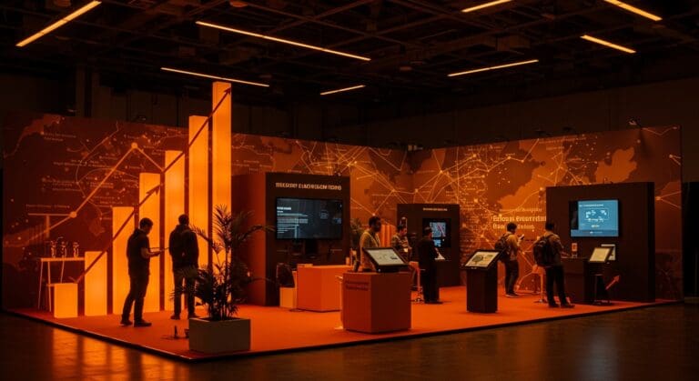 Espacio de exhibición en TechCrunch Disrupt San Francisco con startups tecnológicas en exhibición y ambiente innovador en Silicon Valley.