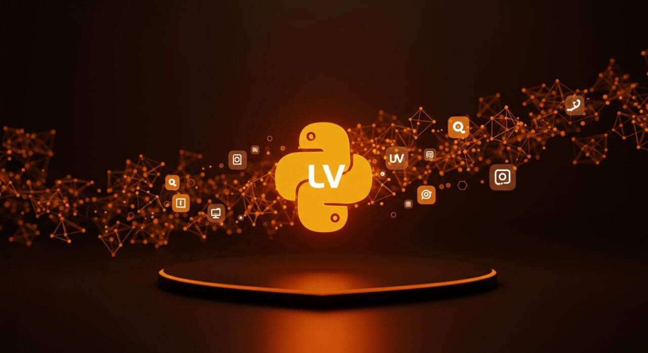 Visualización futurista del ecosistema Python potenciando la gestión eficiente de entornos y dependencias con la herramienta uv, destacando automatización y desarrollo software.