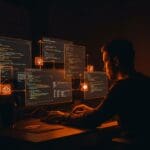 Gestión eficiente y segura de variables de entorno en Linux para startups tech, mostrando programación y configuración en un ambiente moderno con tonos naranja y negro.