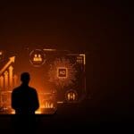 Vinod Khosla contemplando una interfaz digital que simboliza la política pública y la innovación tecnológica en Estados Unidos.